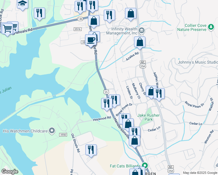 map of restaurants, bars, coffee shops, grocery stores, and more near 34 Blake Court in Arden