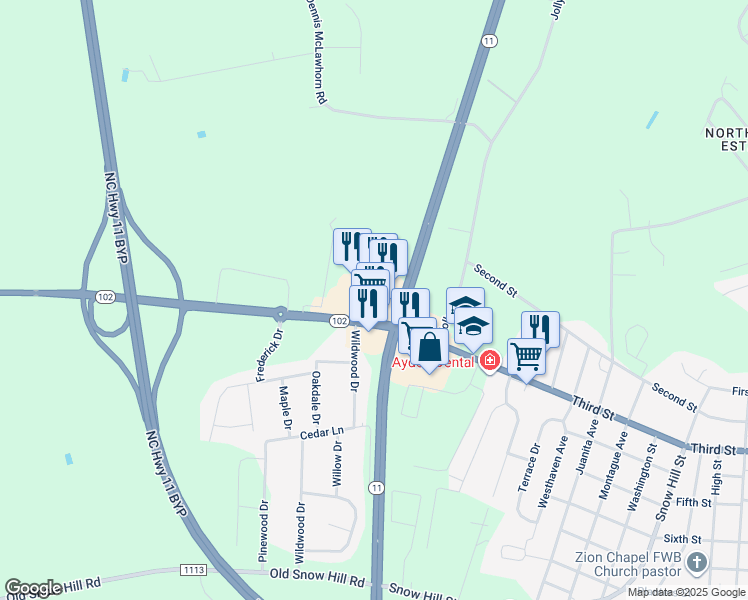 map of restaurants, bars, coffee shops, grocery stores, and more near 120 North Carolina 102 in Ayden