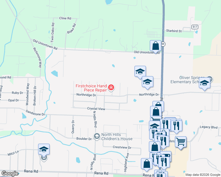 map of restaurants, bars, coffee shops, grocery stores, and more near 2713 Northridge Circle in Van Buren