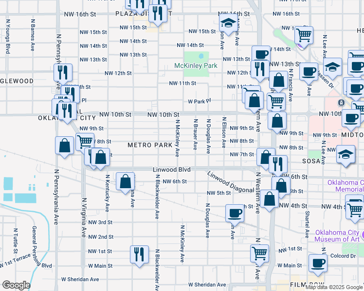 map of restaurants, bars, coffee shops, grocery stores, and more near 1604 Northwest 8th Street in Oklahoma City