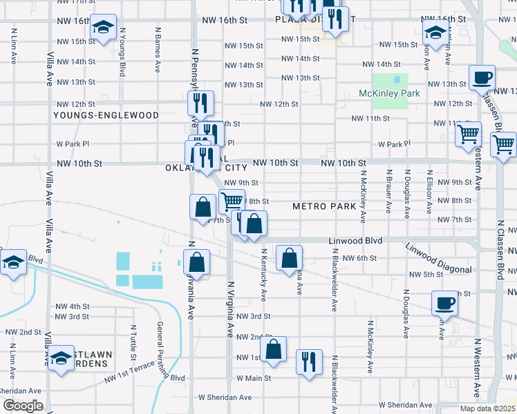map of restaurants, bars, coffee shops, grocery stores, and more near 815 North Kentucky Avenue in Oklahoma City