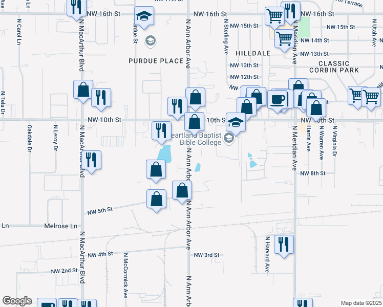 map of restaurants, bars, coffee shops, grocery stores, and more near 905 North Andrews Drive in Oklahoma City