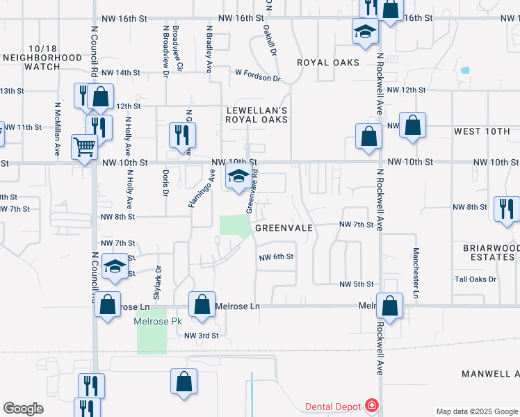 map of restaurants, bars, coffee shops, grocery stores, and more near 918 Greenvale Road in Oklahoma City
