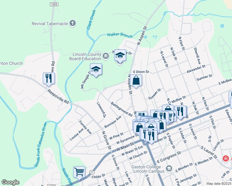map of restaurants, bars, coffee shops, grocery stores, and more near 207 Westview Drive in Lincolnton
