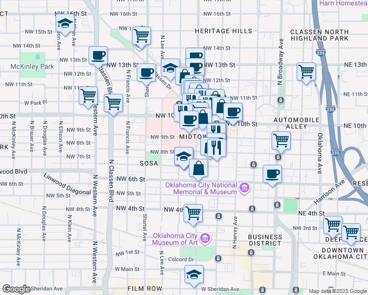 map of restaurants, bars, coffee shops, grocery stores, and more near 525 NW 8th St in Oklahoma City
