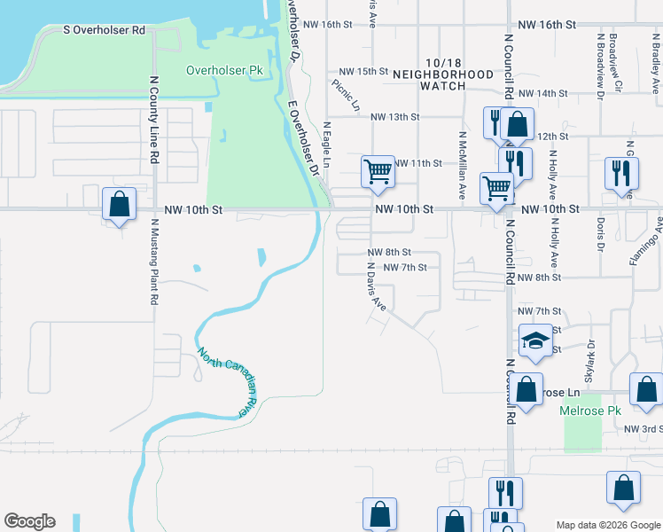 map of restaurants, bars, coffee shops, grocery stores, and more near 801 North Eagle Lane in Oklahoma City