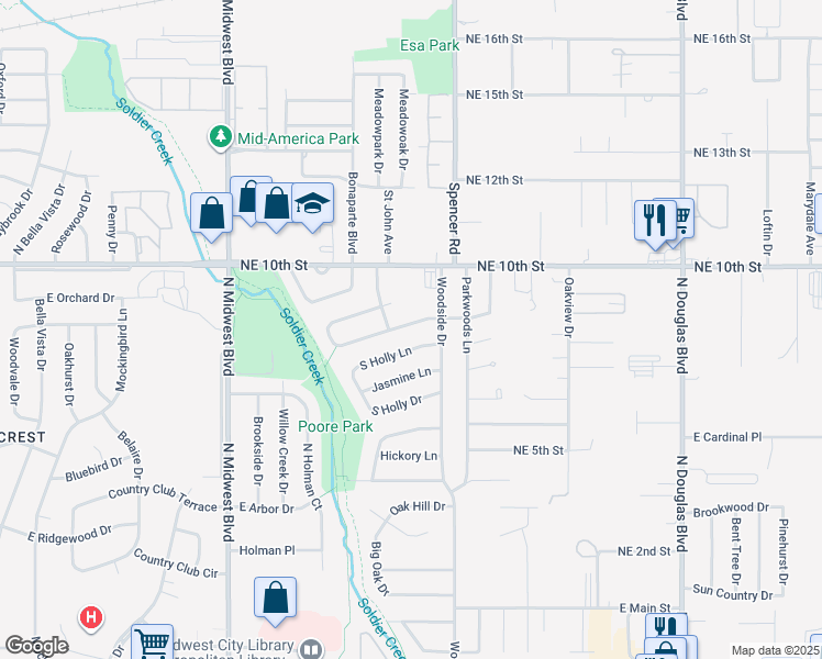 map of restaurants, bars, coffee shops, grocery stores, and more near 1104 Locust Drive in Midwest City