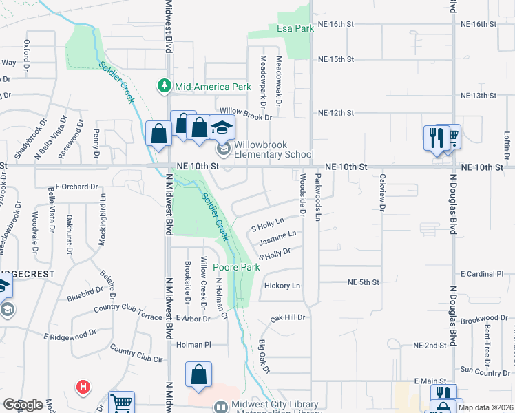 map of restaurants, bars, coffee shops, grocery stores, and more near 1013 Locust Drive in Midwest City