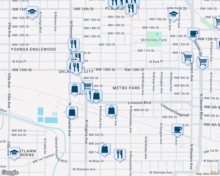 map of restaurants, bars, coffee shops, grocery stores, and more near 1816 Northwest 8th Street in Oklahoma City