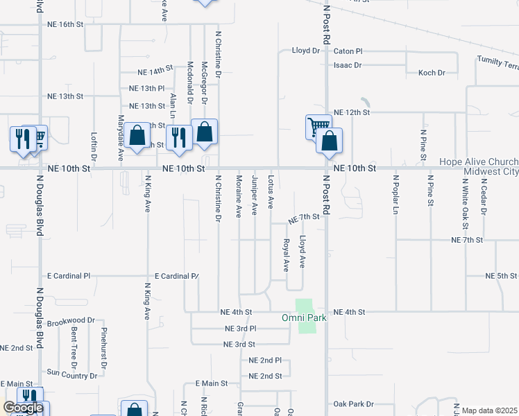 map of restaurants, bars, coffee shops, grocery stores, and more near 816 Juniper Avenue in Midwest City