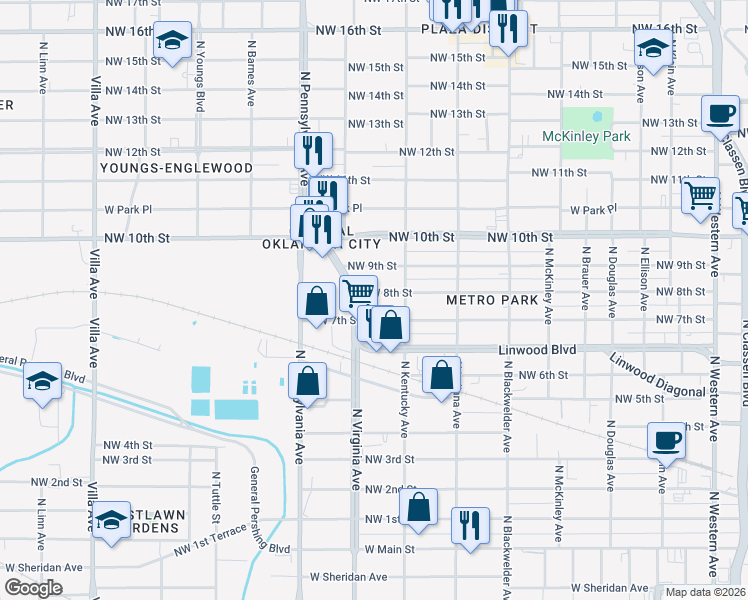 map of restaurants, bars, coffee shops, grocery stores, and more near 1928 Northwest 8th Street in Oklahoma City