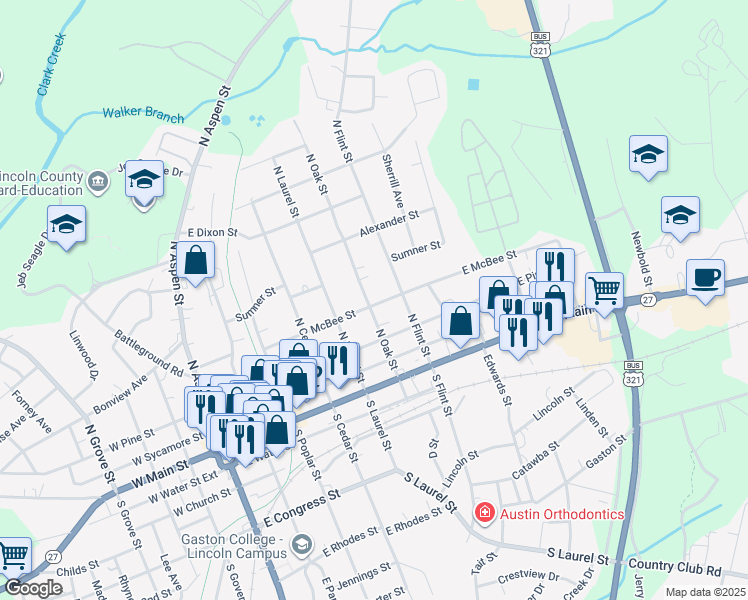 map of restaurants, bars, coffee shops, grocery stores, and more near 404 N Oak St in Lincolnton