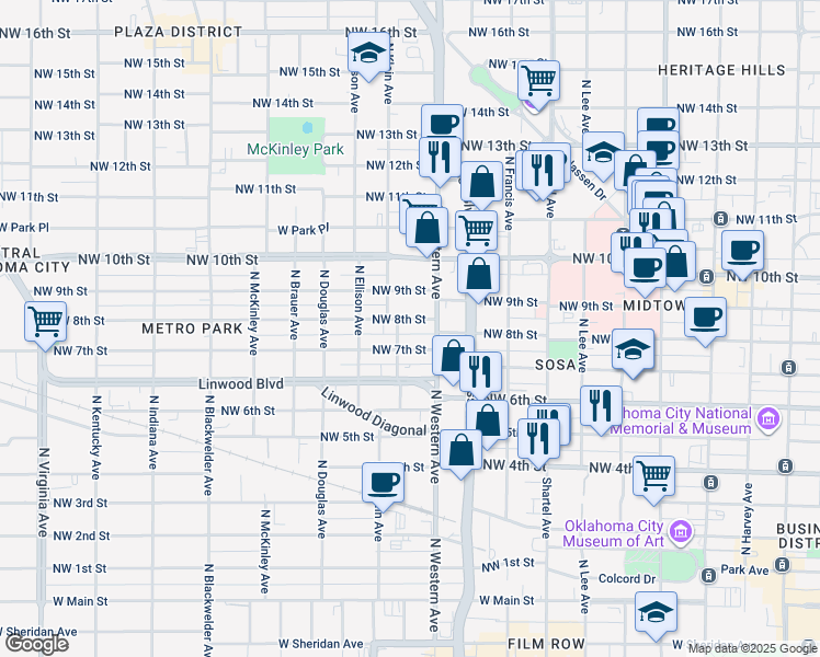map of restaurants, bars, coffee shops, grocery stores, and more near 1134 Northwest 8th Street in Oklahoma City