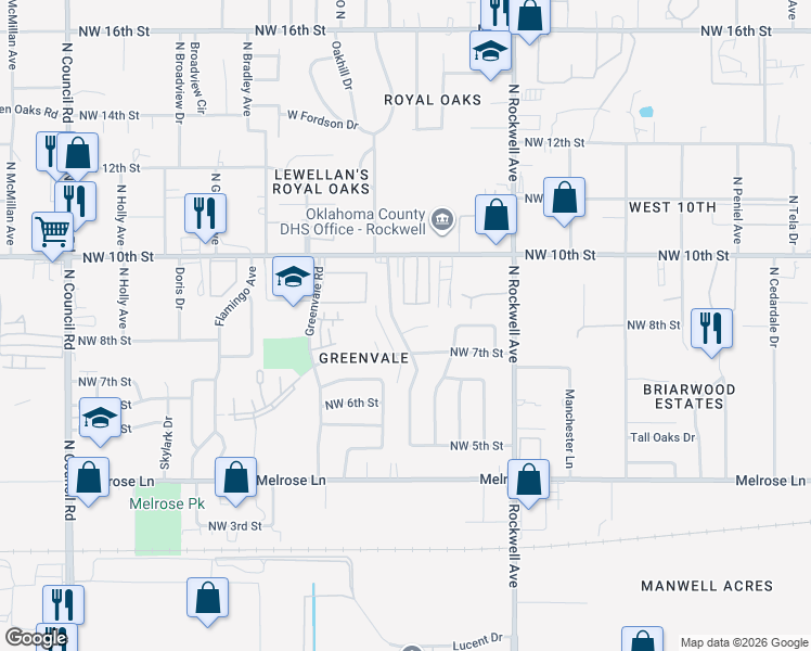 map of restaurants, bars, coffee shops, grocery stores, and more near 902 Whispering Oak Road in Oklahoma City