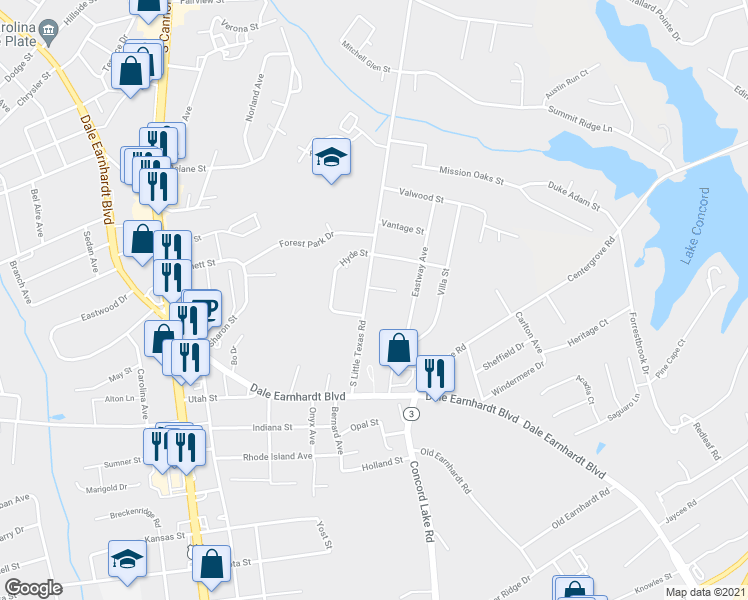 map of restaurants, bars, coffee shops, grocery stores, and more near 557 South Little Texas Road in Kannapolis
