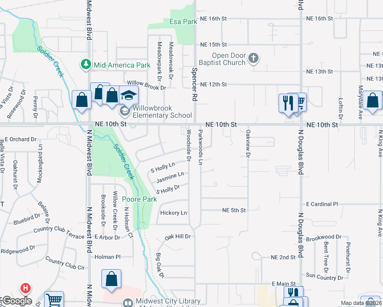 map of restaurants, bars, coffee shops, grocery stores, and more near 3908 Woodside Drive in Midwest City