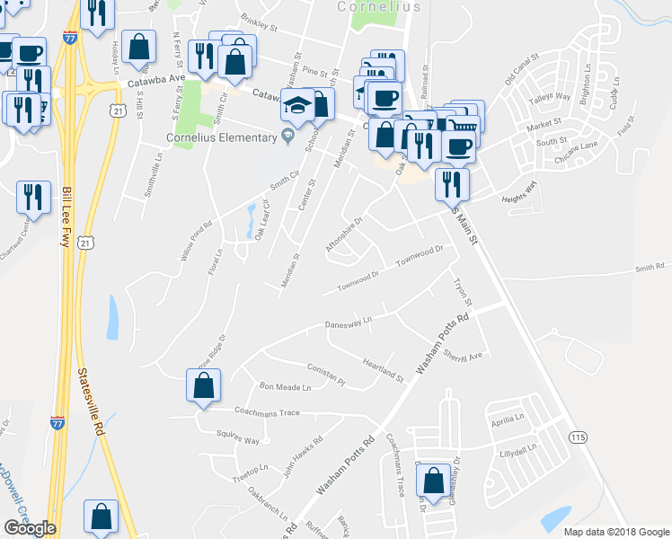 map of restaurants, bars, coffee shops, grocery stores, and more near 21411 Aftonshire Drive in Cornelius