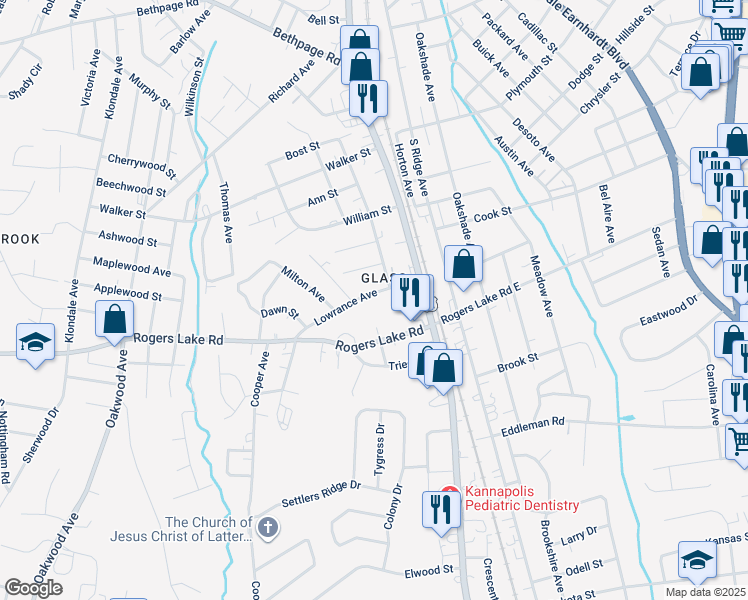 map of restaurants, bars, coffee shops, grocery stores, and more near 209 Lowrance Avenue in Kannapolis