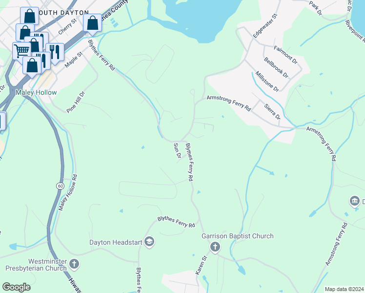 map of restaurants, bars, coffee shops, grocery stores, and more near 840 Blythes Ferry Road in Dayton