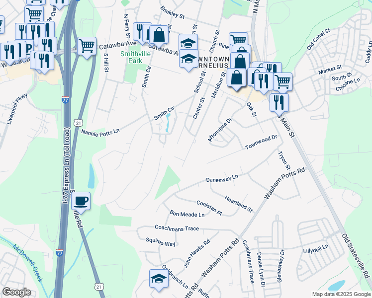 map of restaurants, bars, coffee shops, grocery stores, and more near 19317 Meridian Street in Cornelius