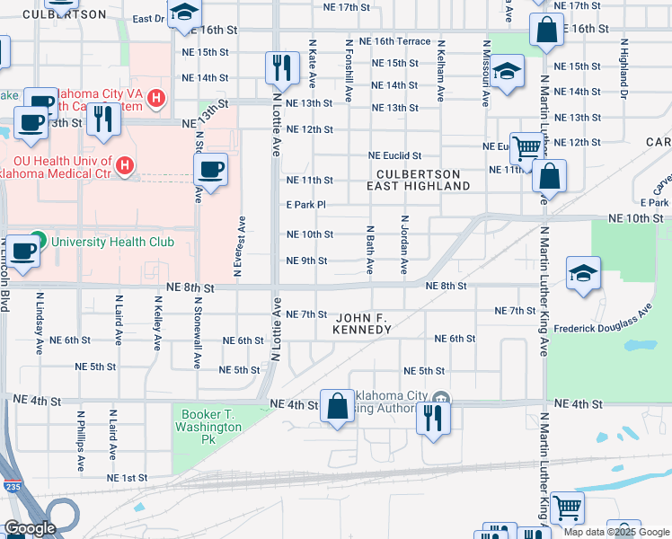 map of restaurants, bars, coffee shops, grocery stores, and more near 1430 Northeast 9th Street in Oklahoma City