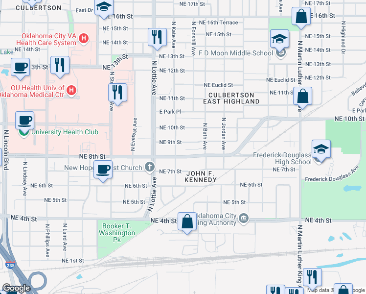 map of restaurants, bars, coffee shops, grocery stores, and more near 1430 Northeast 9th Street in Oklahoma City