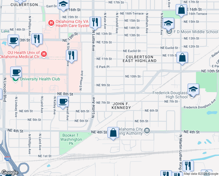 map of restaurants, bars, coffee shops, grocery stores, and more near 1430 Northeast 9th Street in Oklahoma City