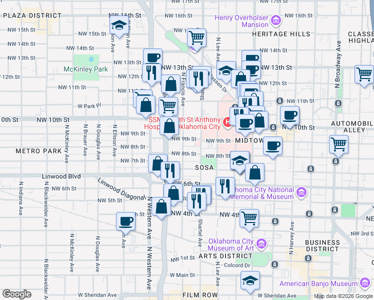 map of restaurants, bars, coffee shops, grocery stores, and more near 829 Northwest 8th Street in Oklahoma City