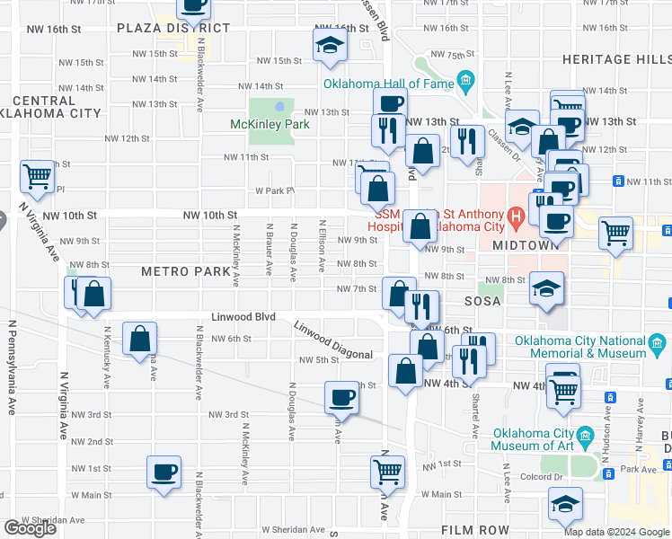 map of restaurants, bars, coffee shops, grocery stores, and more near 820 North Ellison Avenue in Oklahoma City