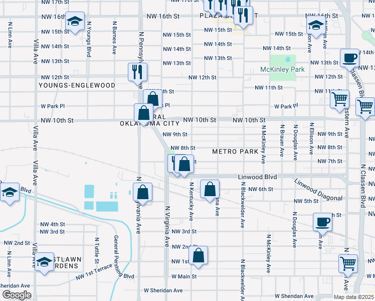 map of restaurants, bars, coffee shops, grocery stores, and more near 815 North Kentucky Avenue in Oklahoma City