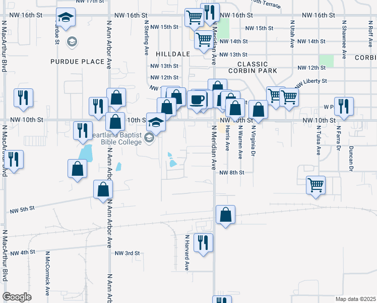 map of restaurants, bars, coffee shops, grocery stores, and more near 903 Kel Drive in Oklahoma City