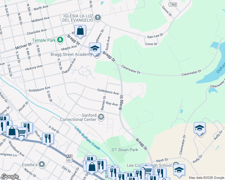 map of restaurants, bars, coffee shops, grocery stores, and more near 1411 Goldsboro Avenue in Sanford