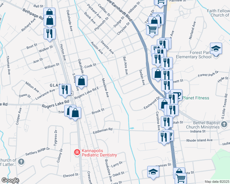 map of restaurants, bars, coffee shops, grocery stores, and more near 326 Rogers Lake Road in Kannapolis