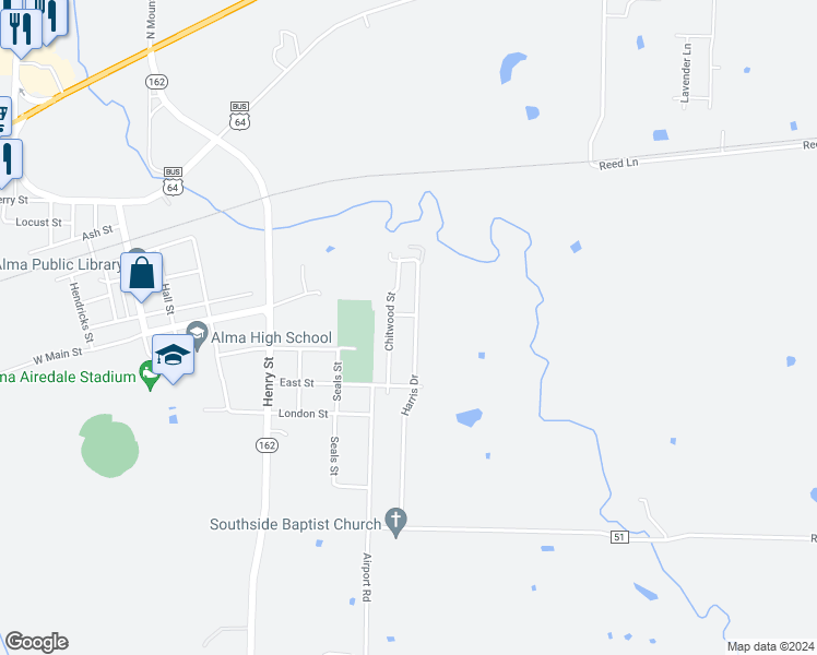 map of restaurants, bars, coffee shops, grocery stores, and more near 911 Harris Drive in Alma