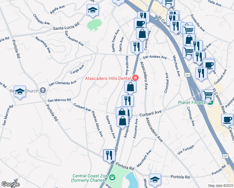 map of restaurants, bars, coffee shops, grocery stores, and more near 7690 Navajoa Avenue in Atascadero