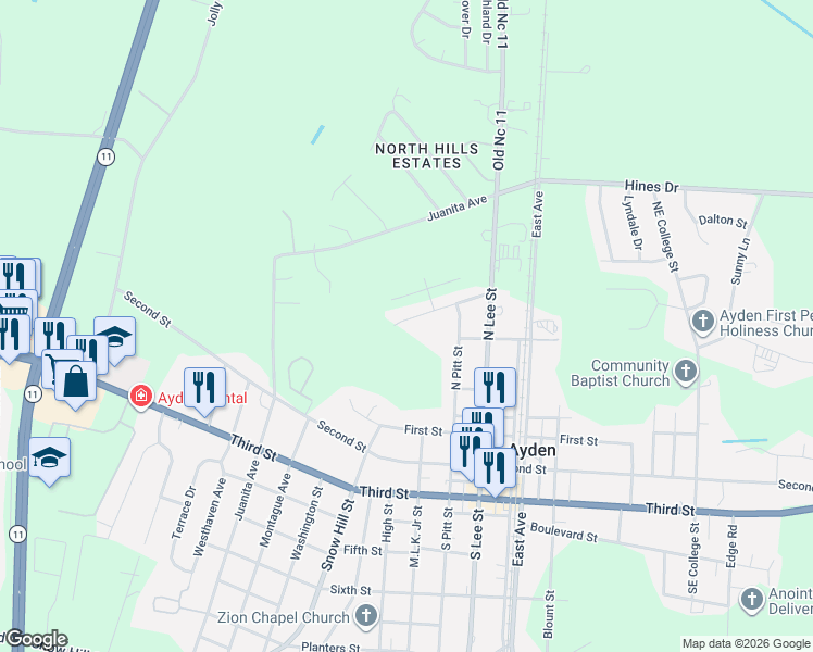 map of restaurants, bars, coffee shops, grocery stores, and more near Tamarack Dr in Ayden