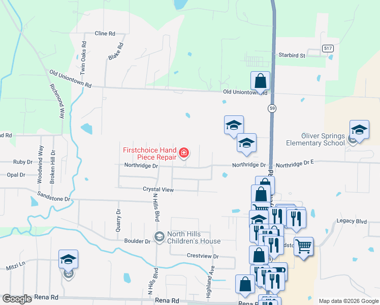 map of restaurants, bars, coffee shops, grocery stores, and more near 2713 Northridge Circle in Van Buren