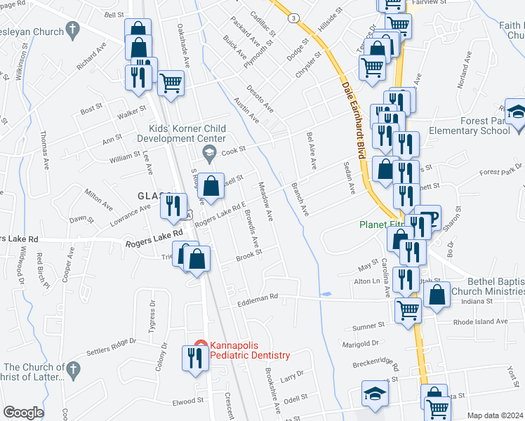 map of restaurants, bars, coffee shops, grocery stores, and more near 1404 Meadow Avenue in Kannapolis