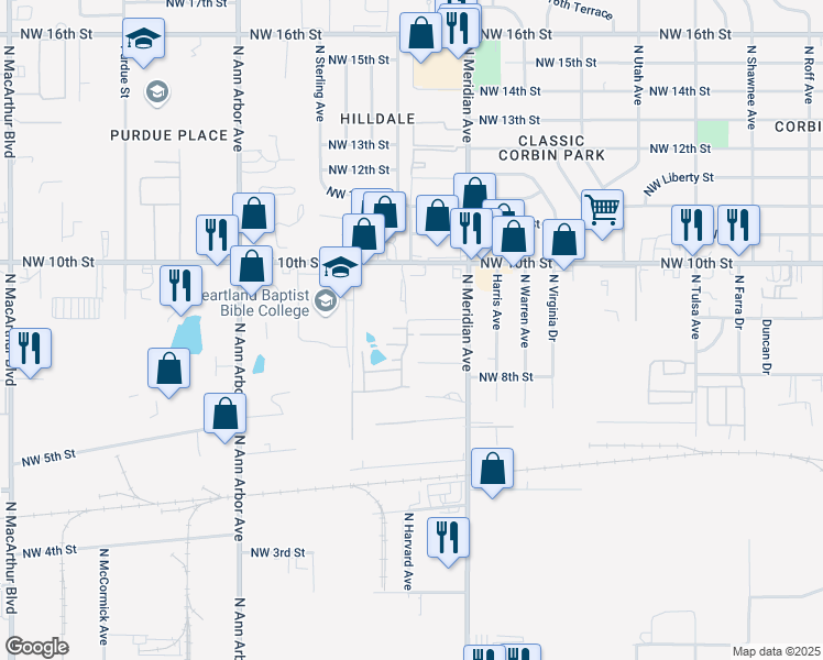 map of restaurants, bars, coffee shops, grocery stores, and more near 903 Kel Drive in Oklahoma City