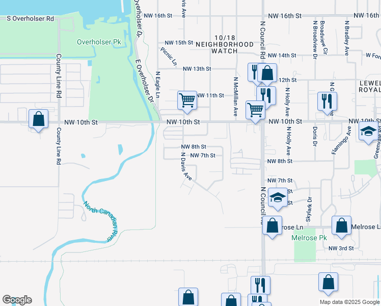 map of restaurants, bars, coffee shops, grocery stores, and more near 8221 Northwest 7th Street in Oklahoma City
