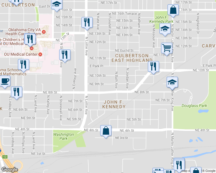 map of restaurants, bars, coffee shops, grocery stores, and more near 1430 Northeast 9th Street in Oklahoma City