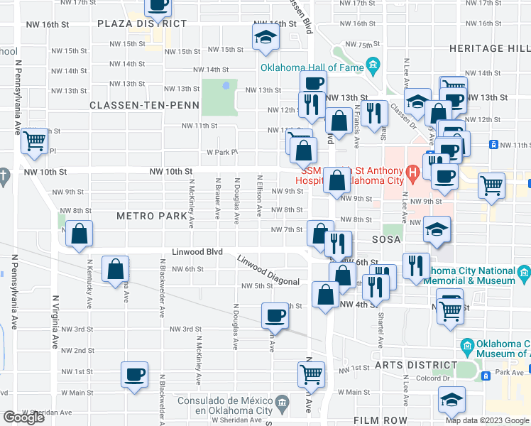map of restaurants, bars, coffee shops, grocery stores, and more near 1226 Northwest 8th Street in Oklahoma City
