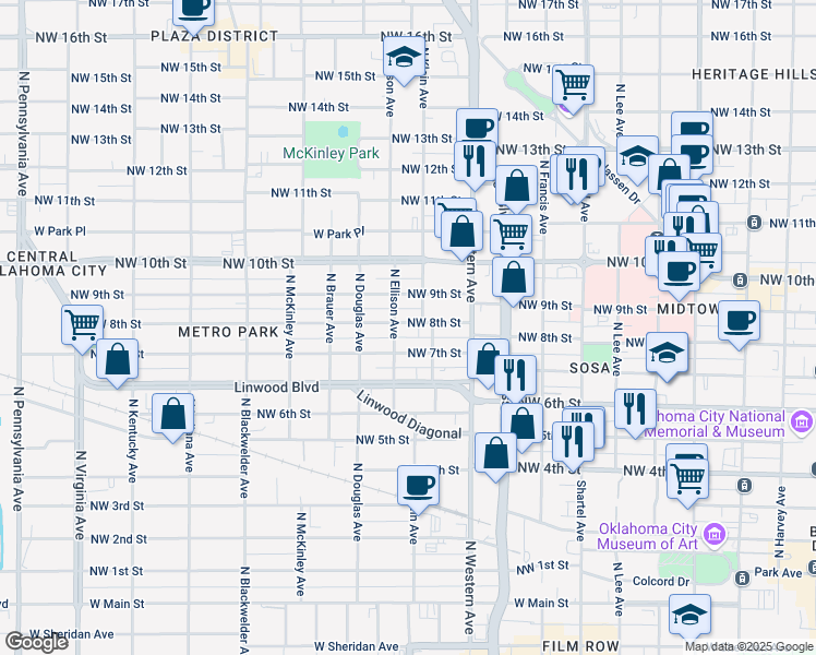 map of restaurants, bars, coffee shops, grocery stores, and more near 820 North Ellison Avenue in Oklahoma City