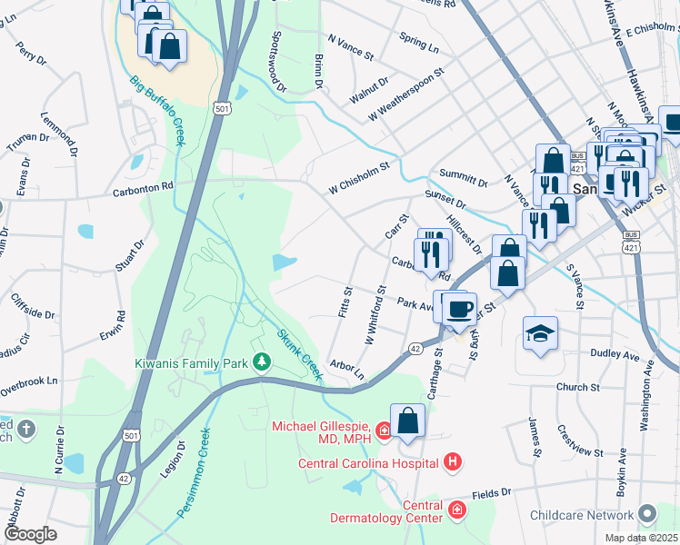map of restaurants, bars, coffee shops, grocery stores, and more near 322 Park Avenue in Sanford