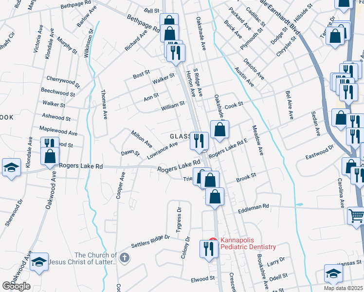 map of restaurants, bars, coffee shops, grocery stores, and more near 209 Lowrance Avenue in Kannapolis