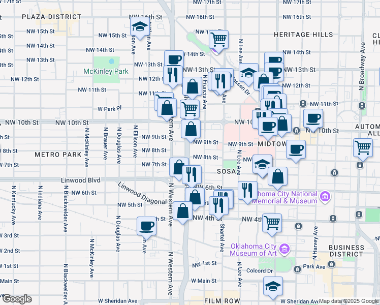 map of restaurants, bars, coffee shops, grocery stores, and more near 925 Northwest 8th Street in Oklahoma City