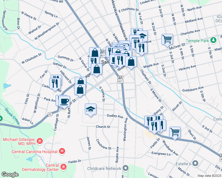 map of restaurants, bars, coffee shops, grocery stores, and more near 407 Wall St in Sanford