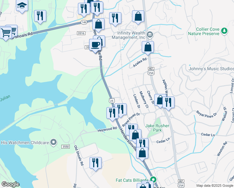 map of restaurants, bars, coffee shops, grocery stores, and more near 34 Blake Court in Arden