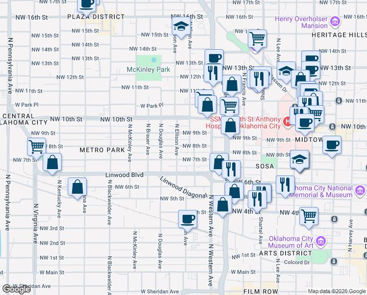 map of restaurants, bars, coffee shops, grocery stores, and more near 820 North Ellison Avenue in Oklahoma City