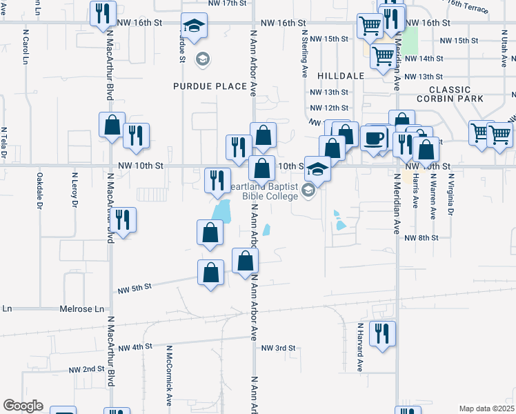 map of restaurants, bars, coffee shops, grocery stores, and more near 905 North Andrews Drive in Oklahoma City